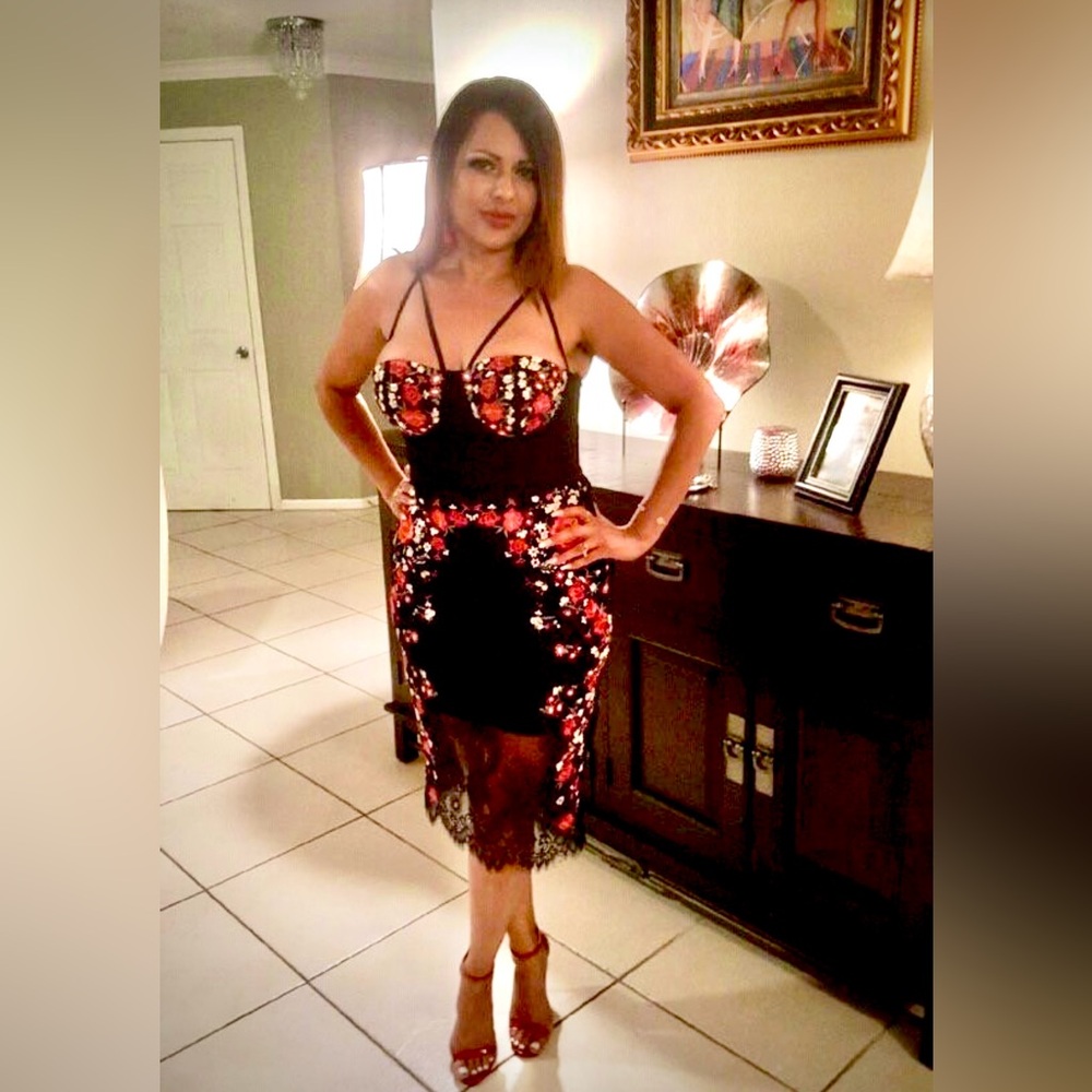 Bebe Red and Black Strapless Sweetheart Bodycon Dress